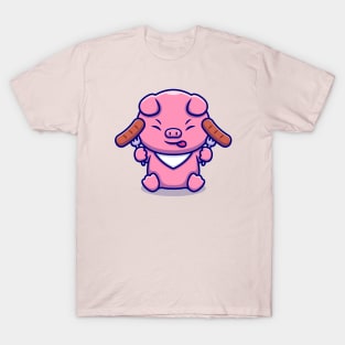 Cute Pig Chef Eating Sausage Cartoon T-Shirt